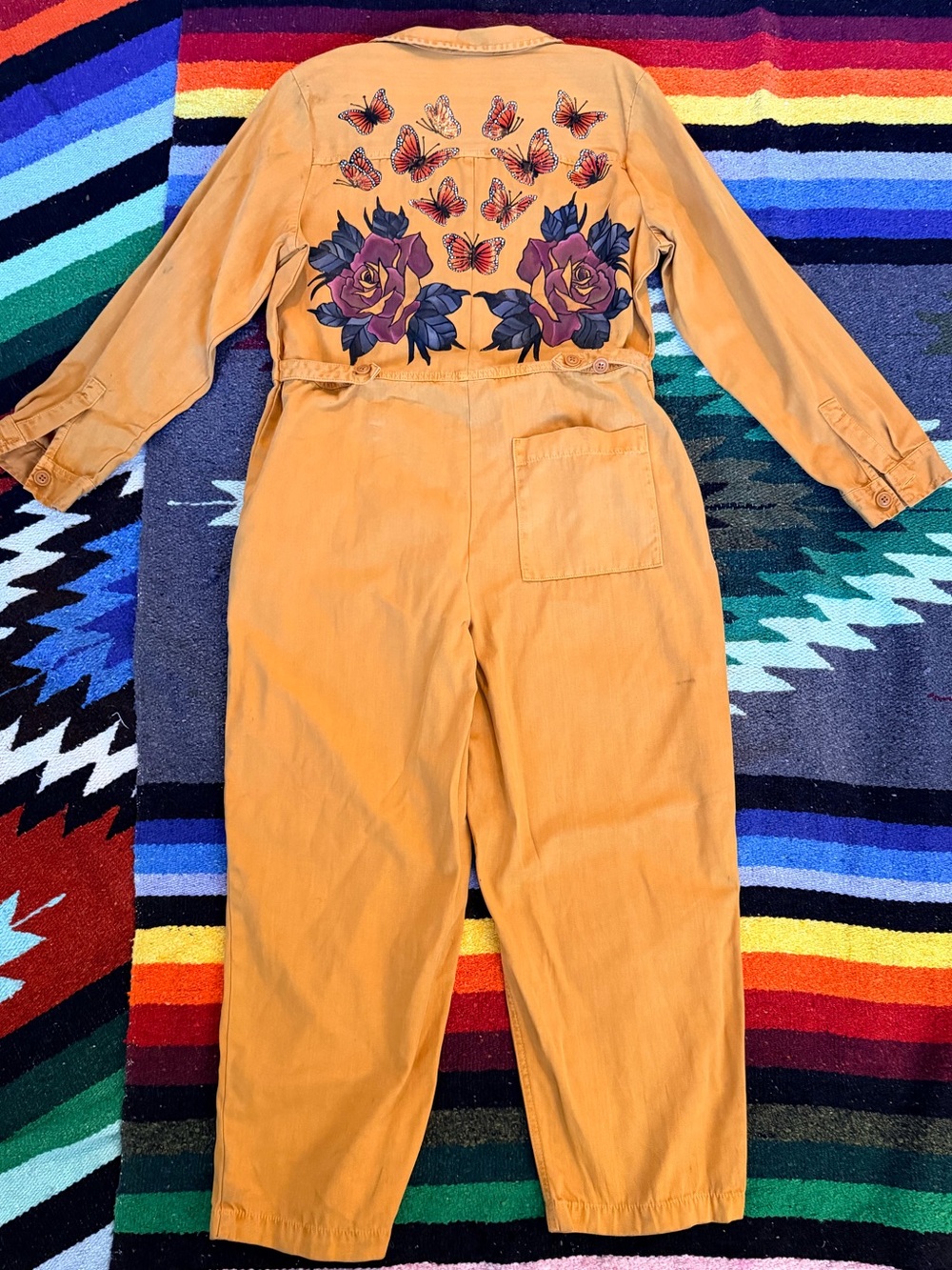 Custom Mustard Yellow Vintage Coveralls w/ Autumn Flowers and Butterflies sz 12